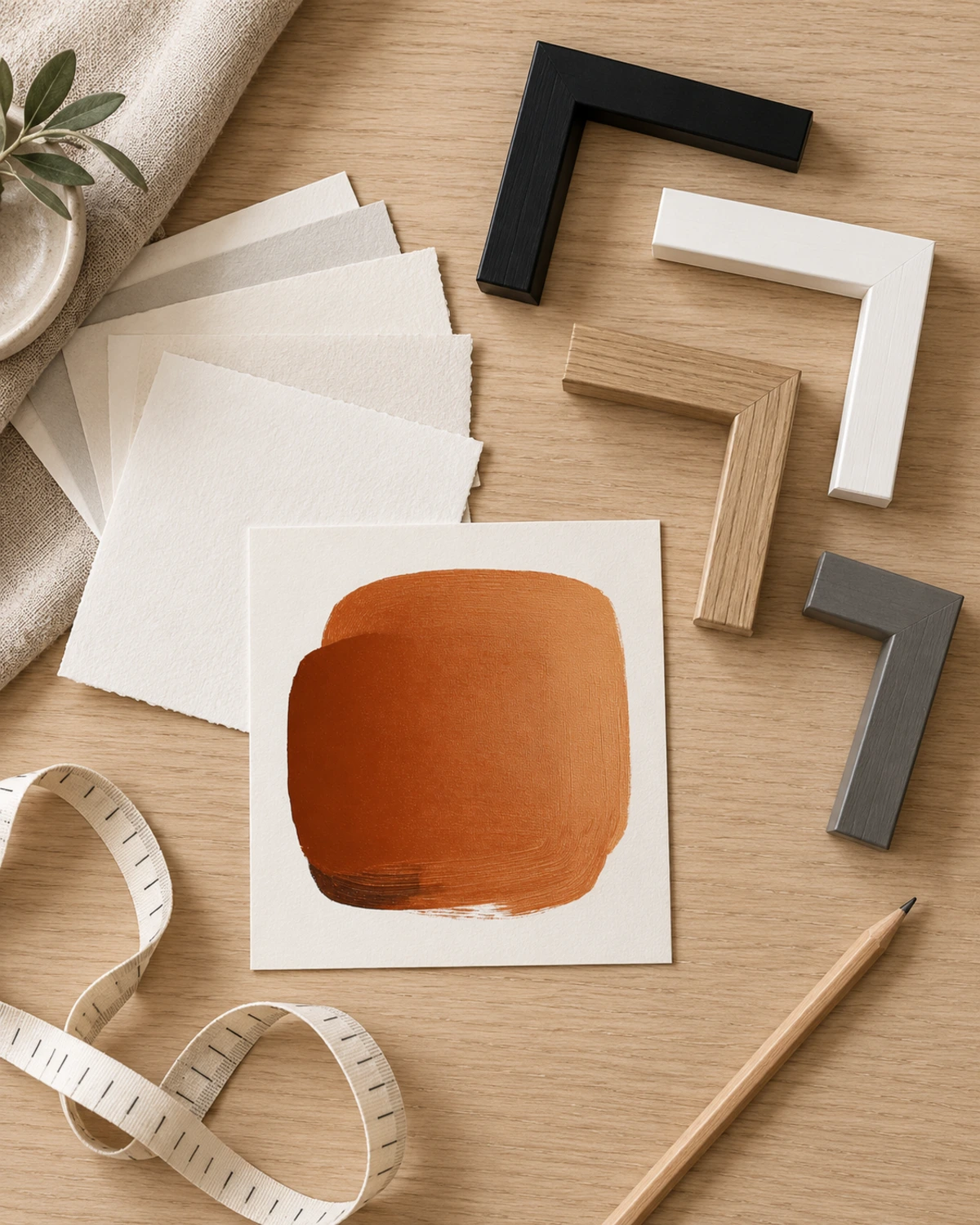 Fine art paper swatches, frame corner samples and a colour proof on an oak table