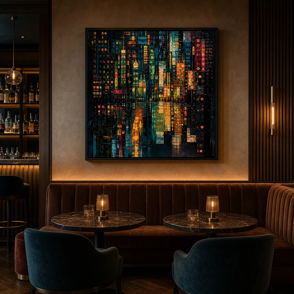 A luminous night cityscape artwork framed above banquette seating in a cocktail bar.