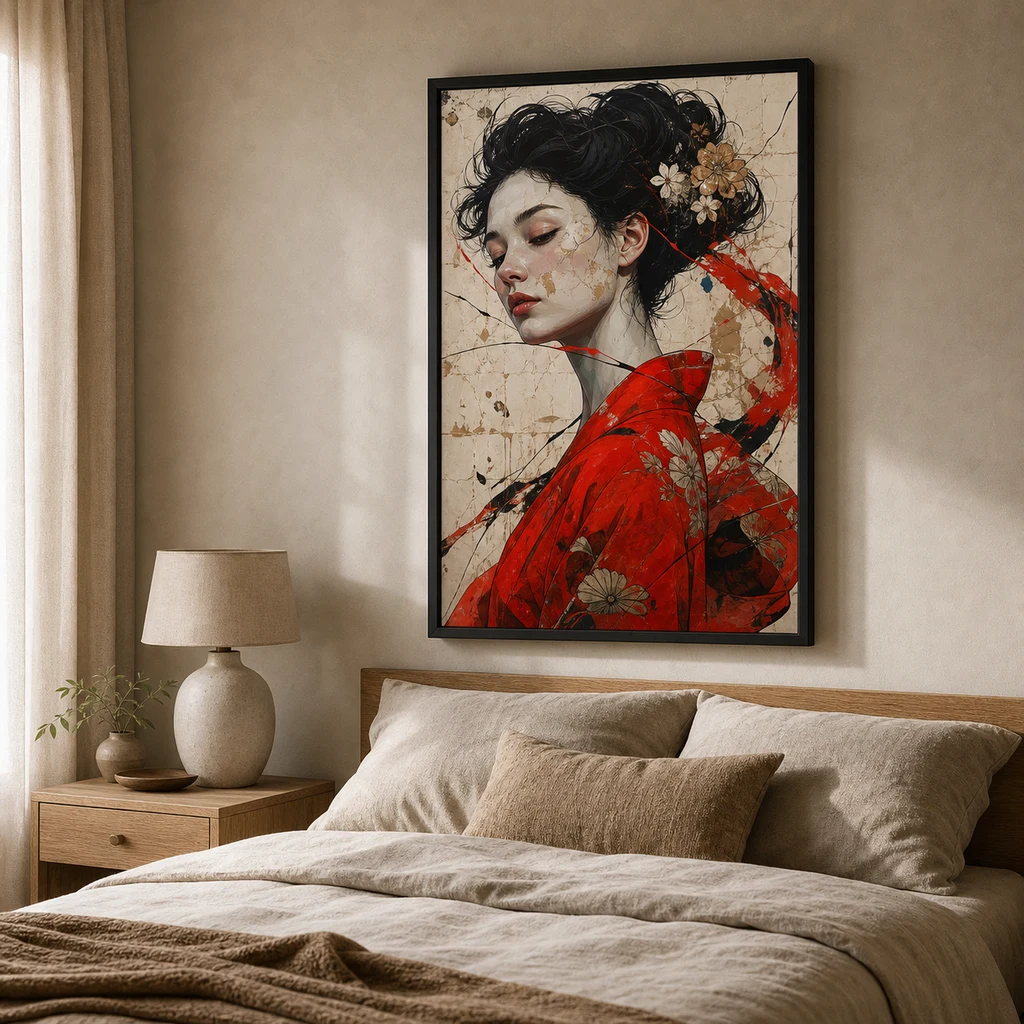 A black-framed red kimono portrait print above a neutral bed in a calm bedroom.