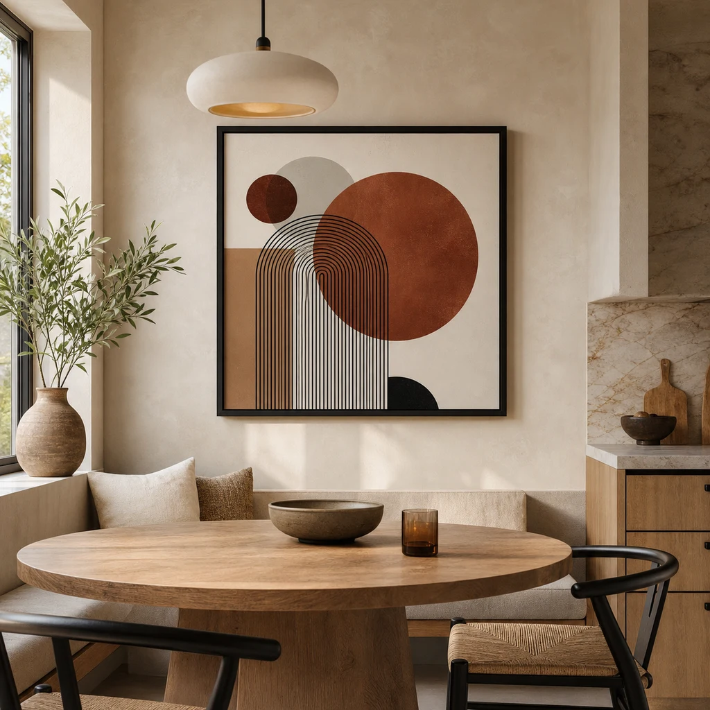 A square black-framed minimalist abstract print above a round dining table.