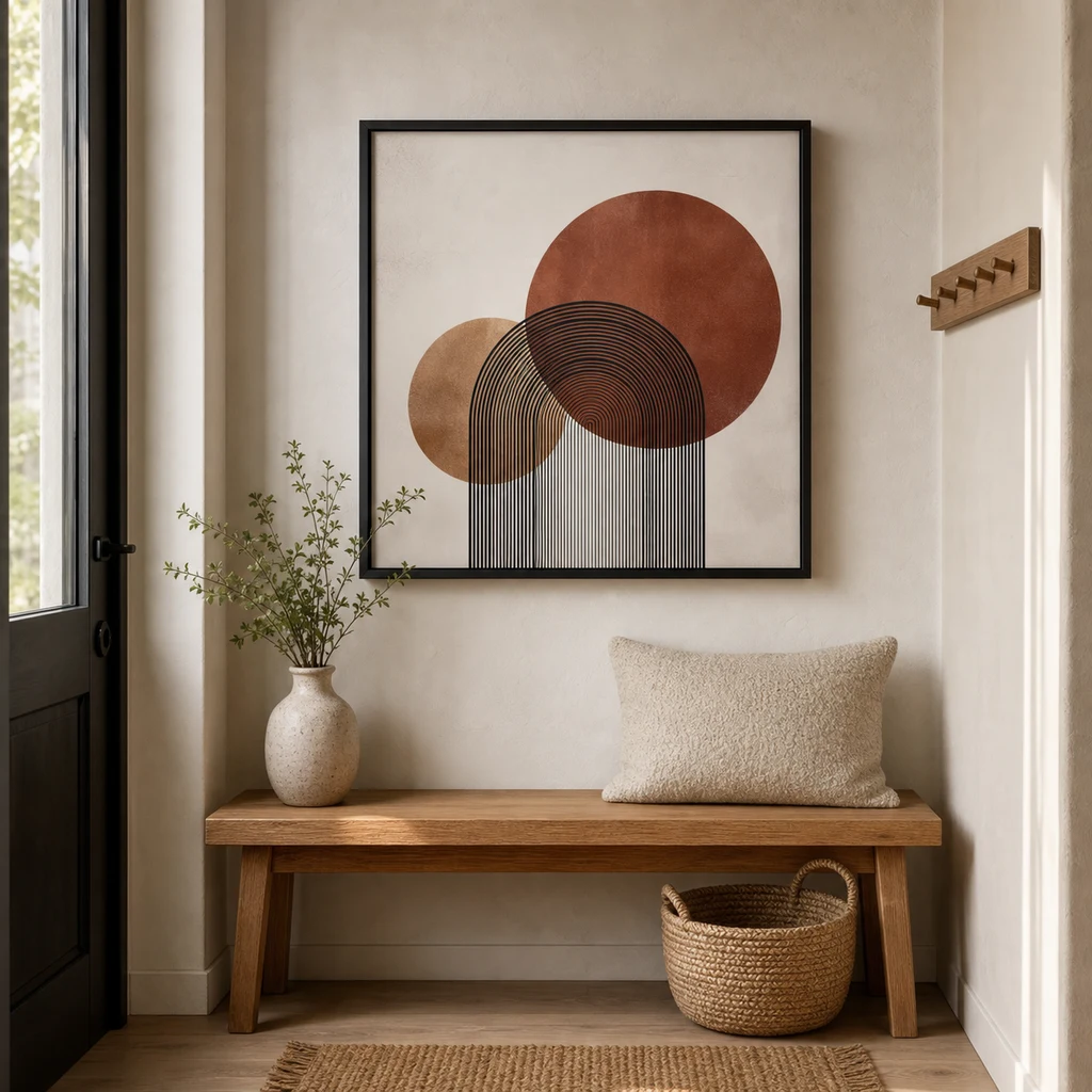 A minimalist abstract print above a slim wooden bench in a bright entryway.