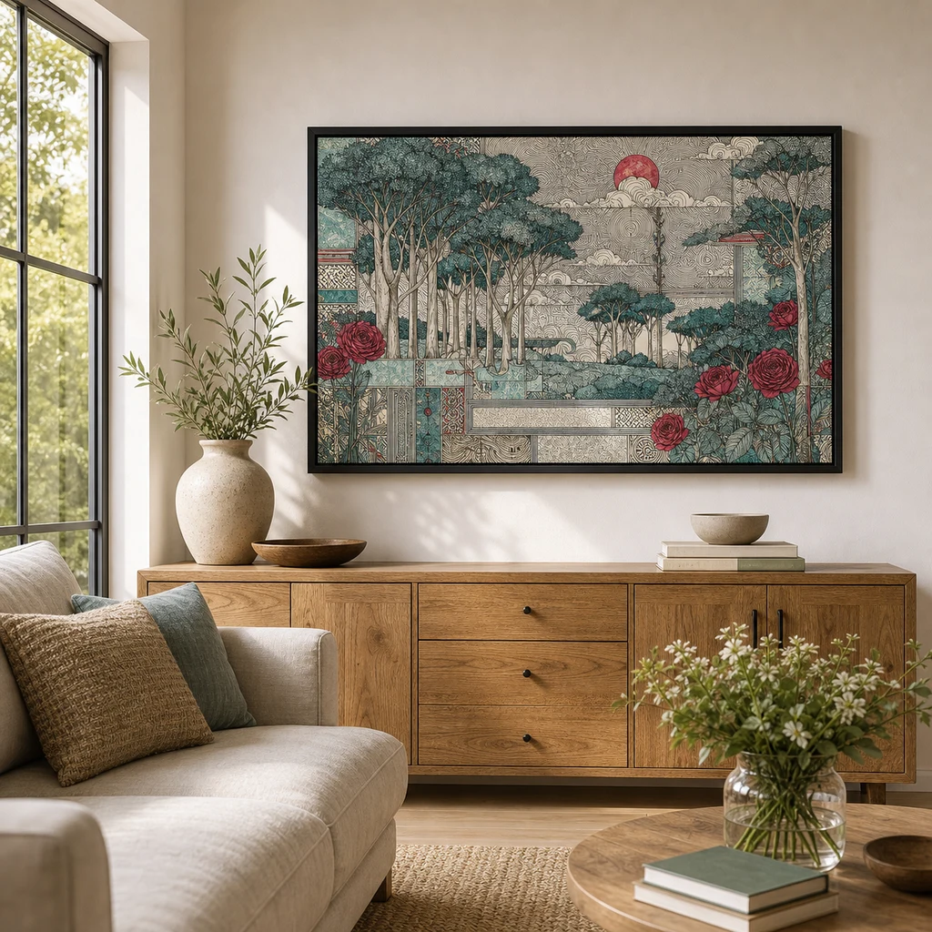 A landscape forest linework artwork framed above a sideboard in a bright garden room.