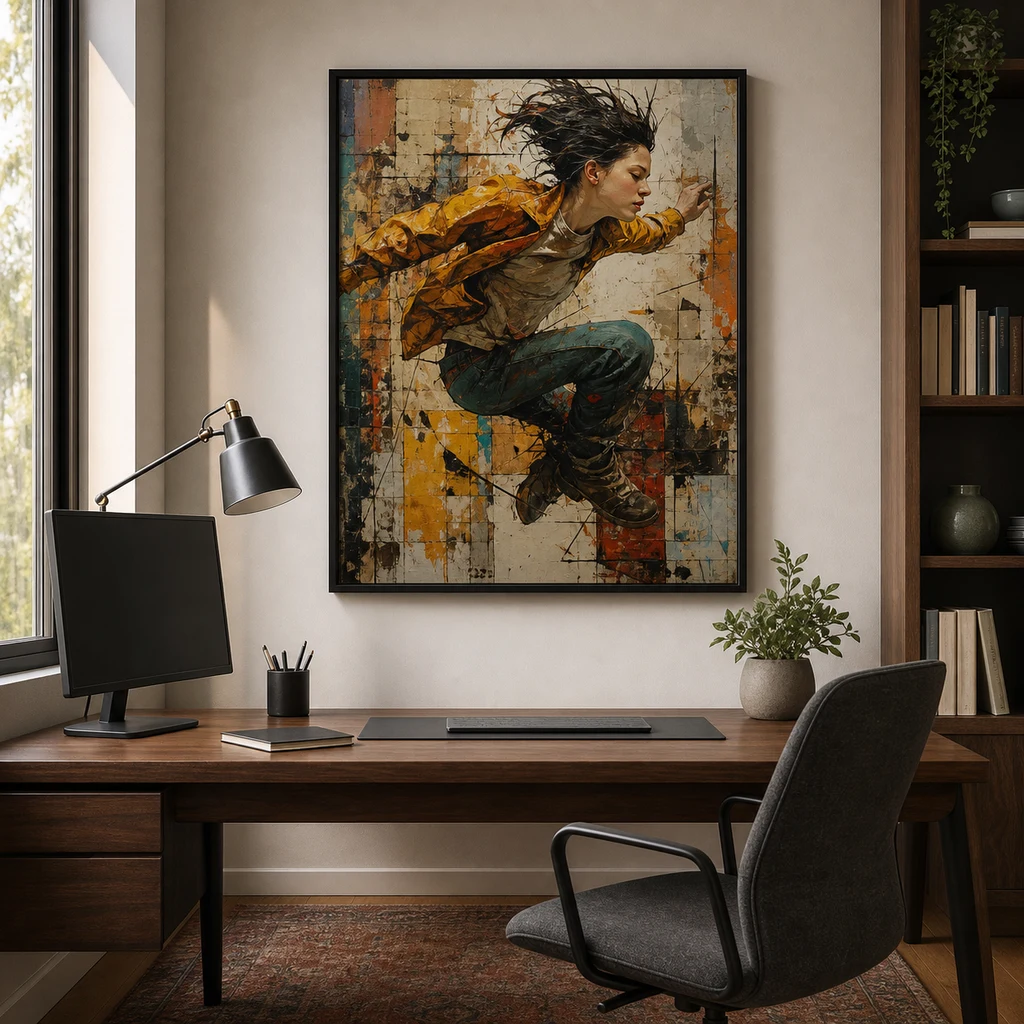 A dynamic figurative artwork framed above a walnut home office desk.