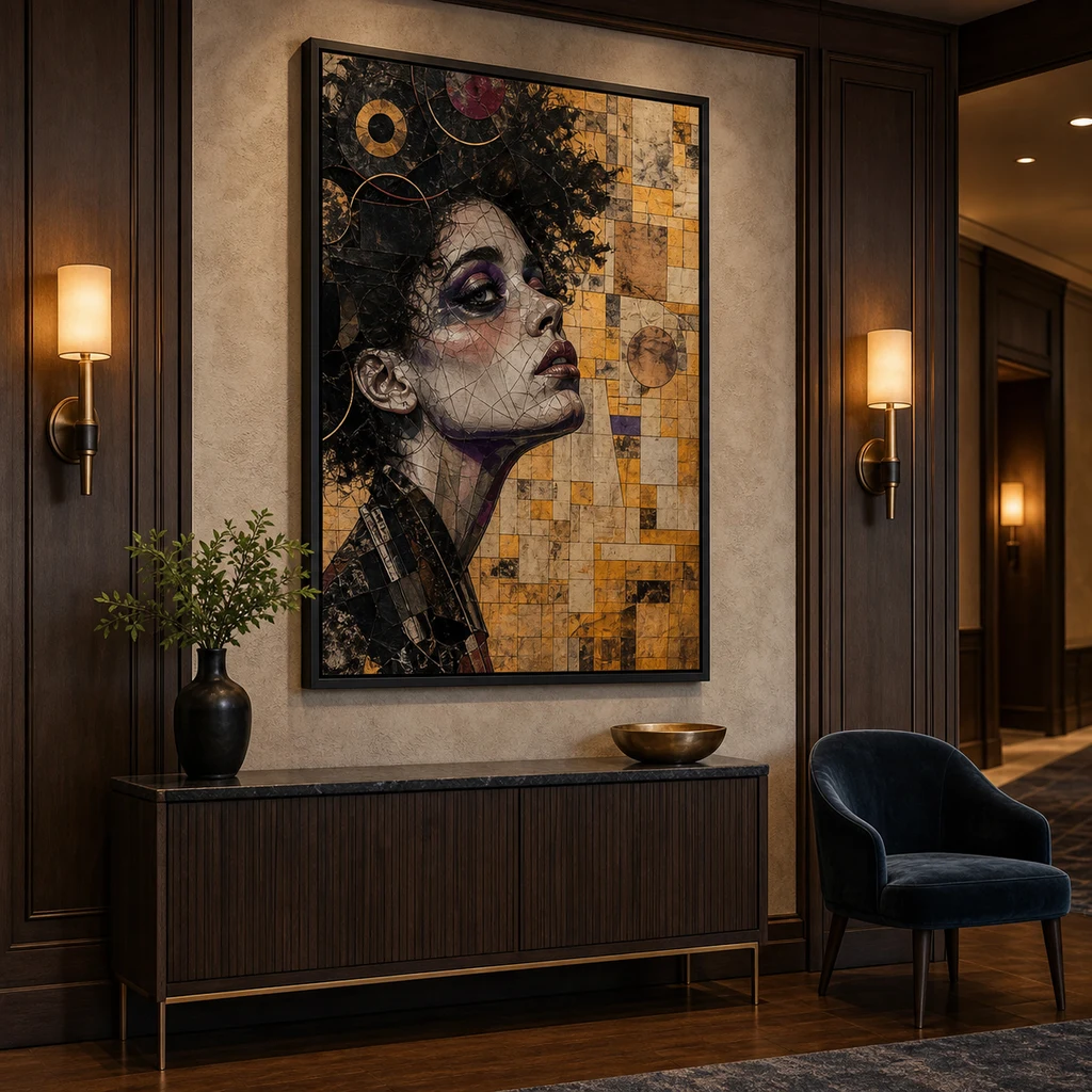 A dramatic portrait print framed in a boutique hotel corridor lounge.