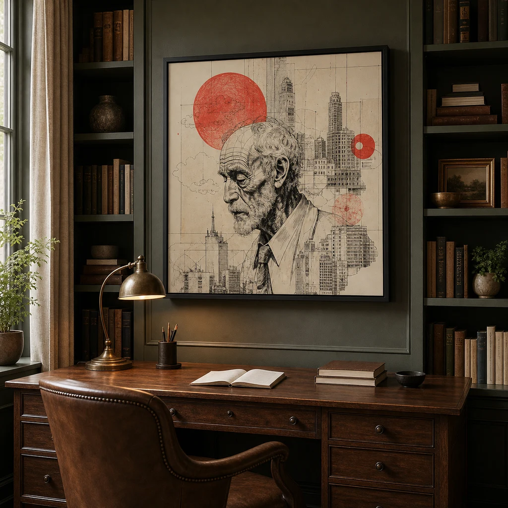 A line portrait artwork framed above a desk in a green home study.