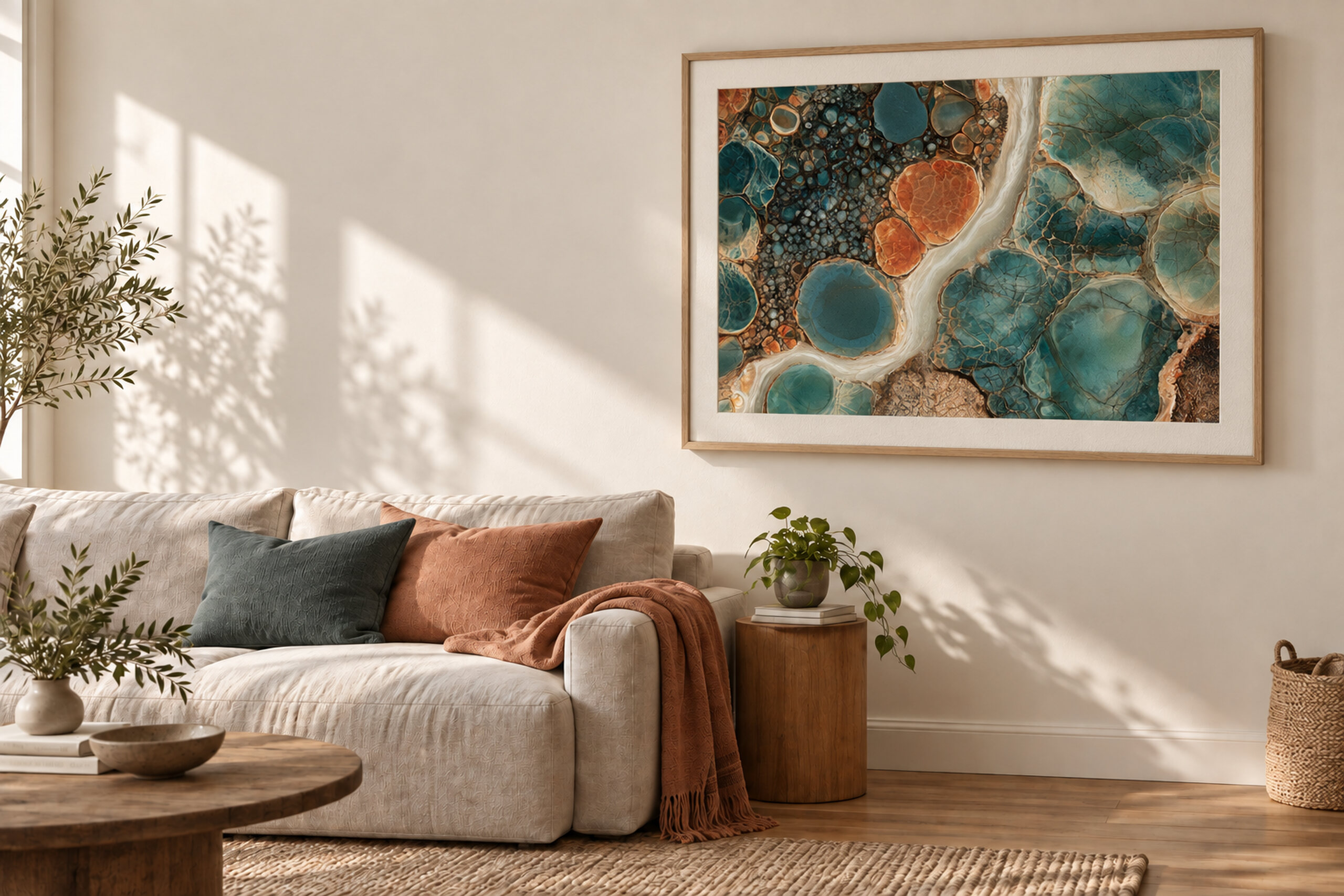 A framed abstract print in deep teal and burnt orange above a linen sofa in a sunlit living room.
