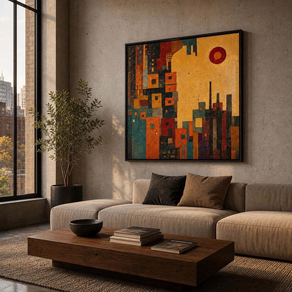A warm abstract city artwork framed above a sofa in an urban loft living room.