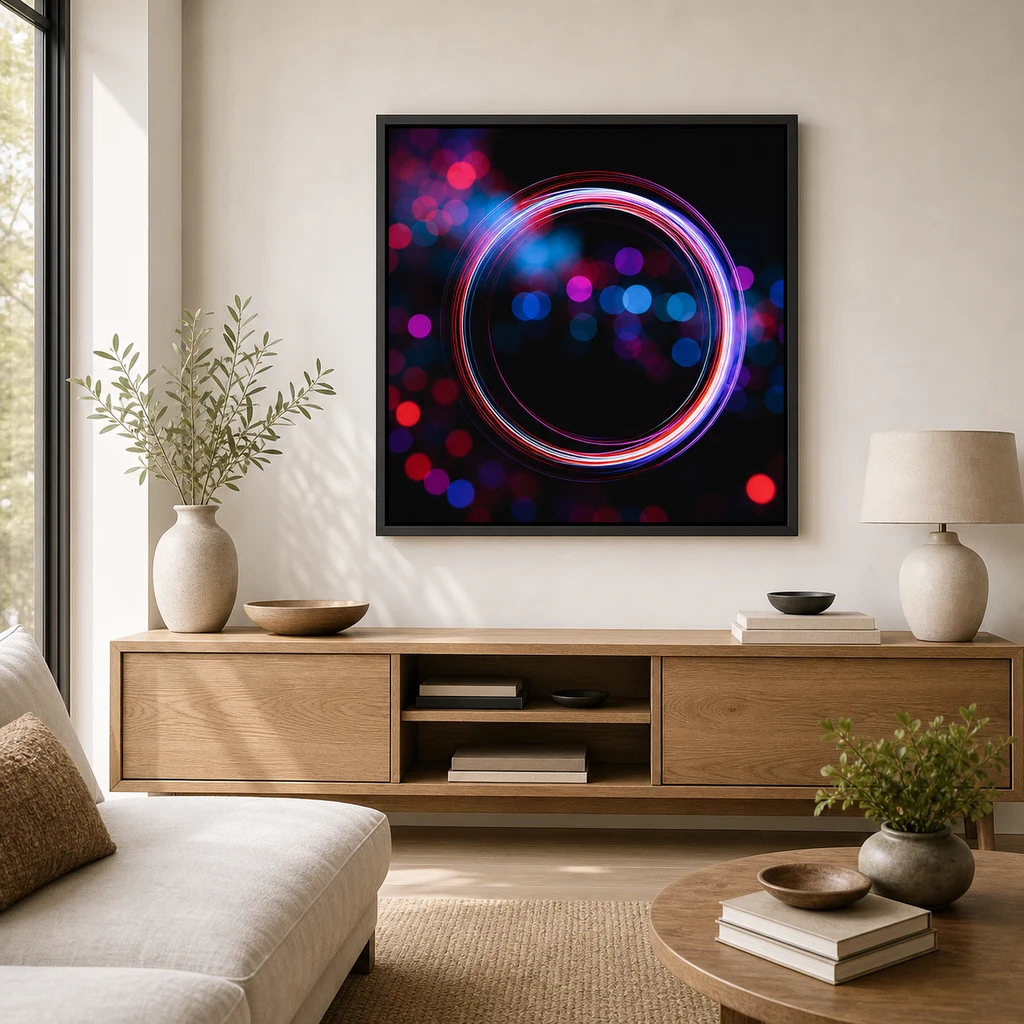 A dark neon orbit artwork framed above an oak console in a bright apartment lounge.