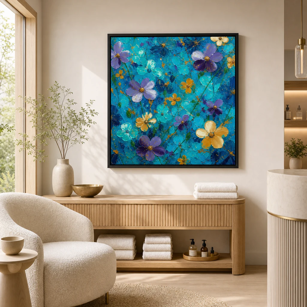 A turquoise floral artwork framed above a console in a bright spa-inspired interior.