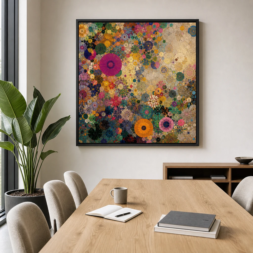 A colourful abstract mosaic print above a meeting table in a design studio.