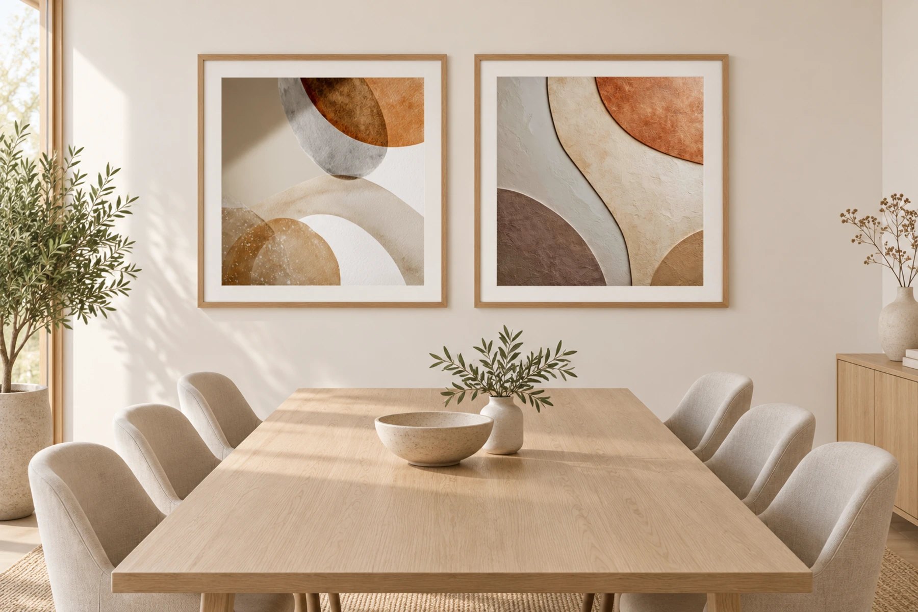 Two framed terracotta abstracts on the end wall of a meeting room with an oak table.