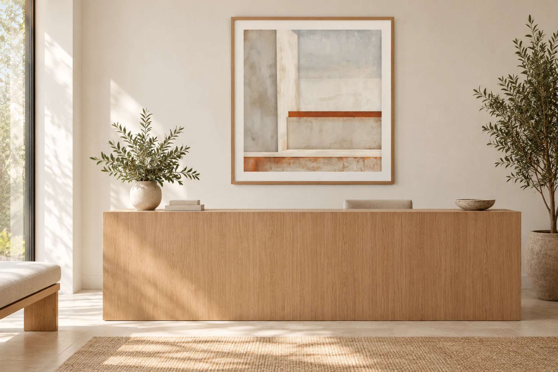 A framed architectural abstract above a long oak cabinet in a calm office reception.