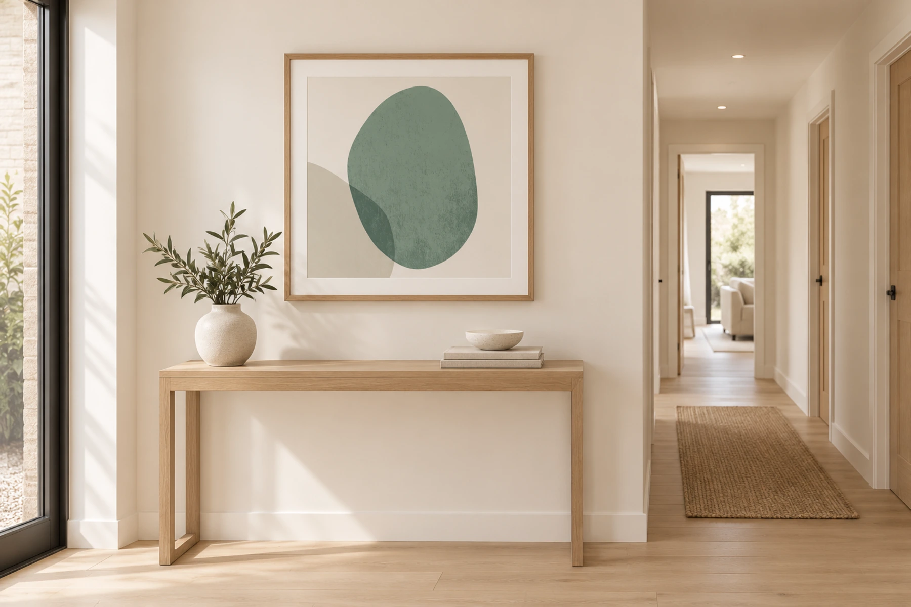 A framed sage and stone abstract above a slim oak console in a new-build hallway.
