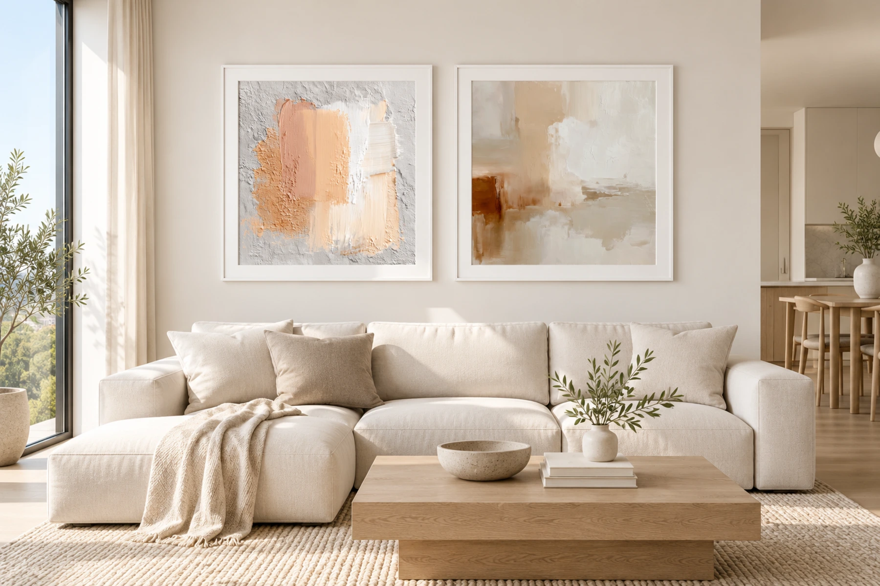 Two white-framed soft abstracts above a low sofa in a bright new-build living room.