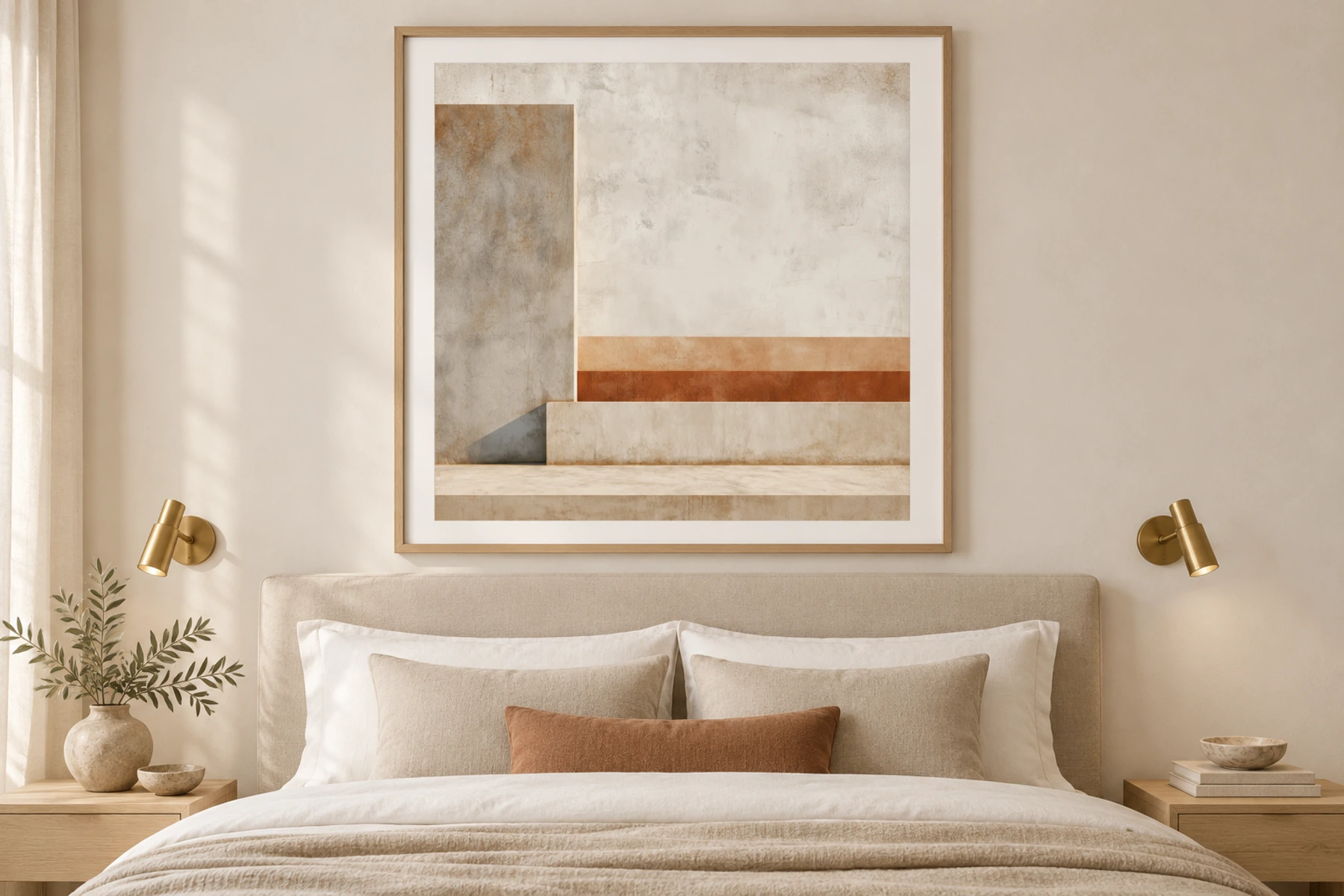 A square framed abstract in terracotta and stone above a linen-dressed hotel bed with brass reading lights.