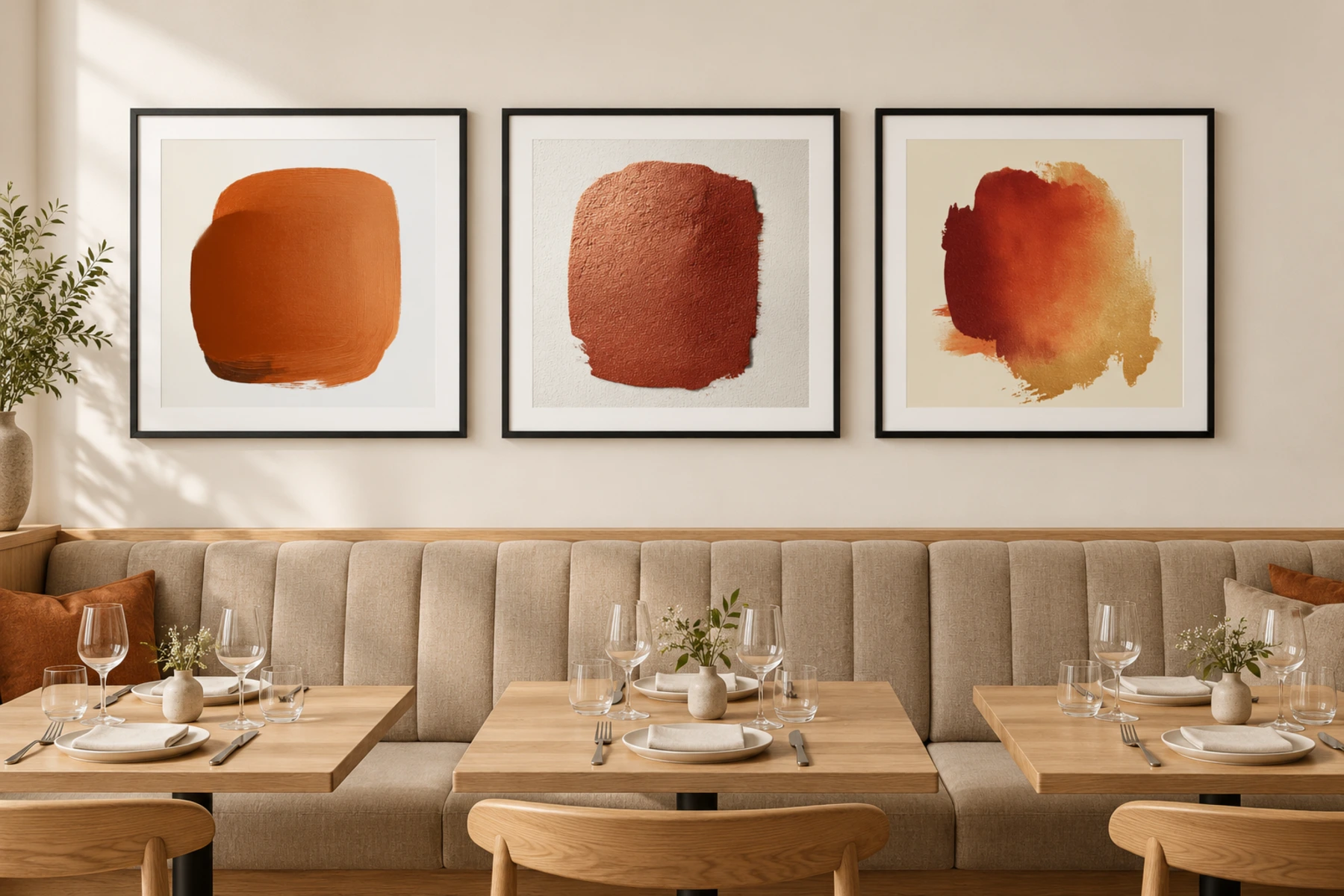 Three black-framed prints of russet colour fields hung in a row above restaurant banquette seating.