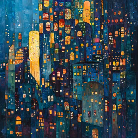 "Celestial Reverie: Urban Symphony in Blue and Gold"