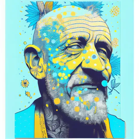 "Pop Art Vision: Mustache Man Among Yellow Flowers"