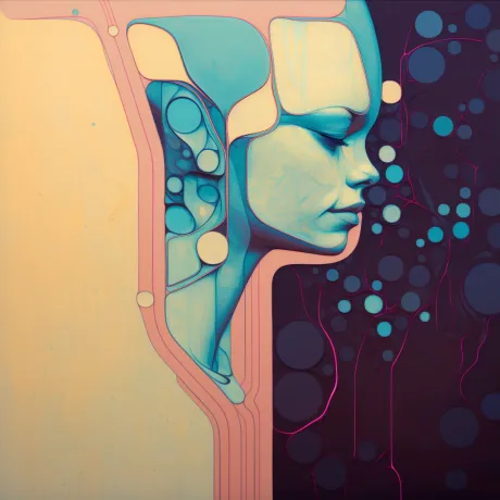 "Mechanical Muse: Serene Reflections in Abstract Realms"